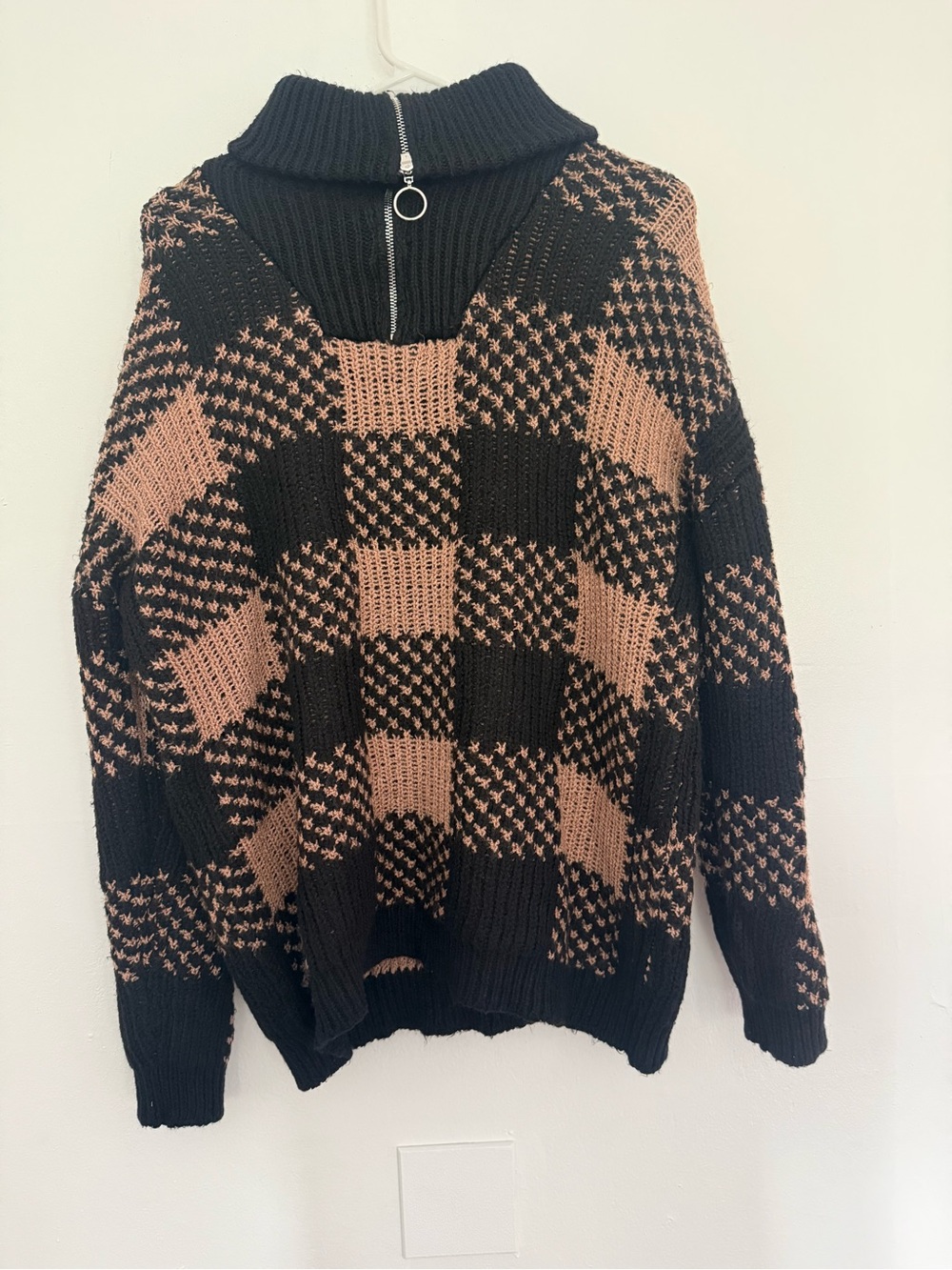 Workshop Republic Clothing Black and Brown Checkered Zip Mock Neck Sweater
